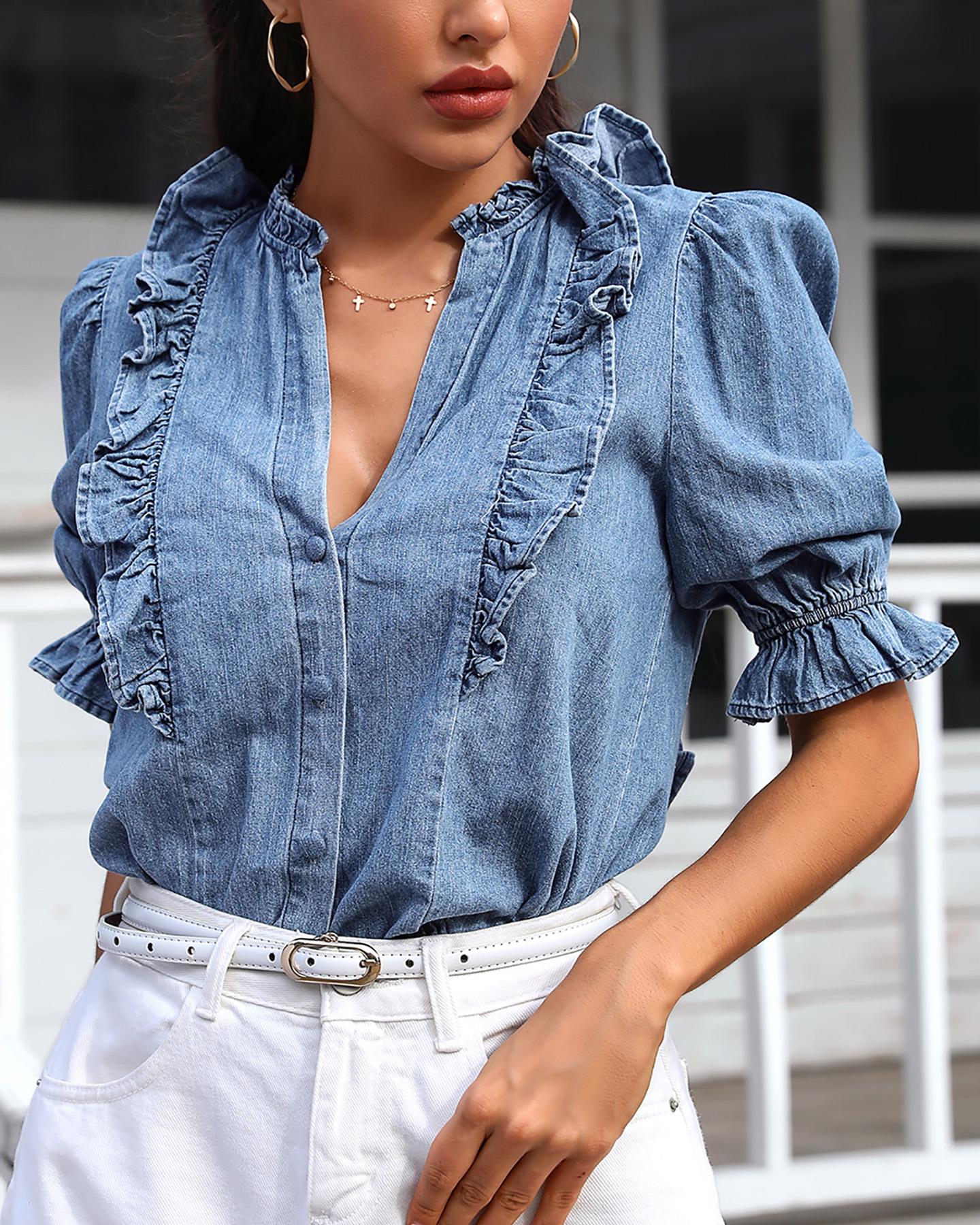 

Ruffles Frill Hem Buttoned Denim Top, Blue