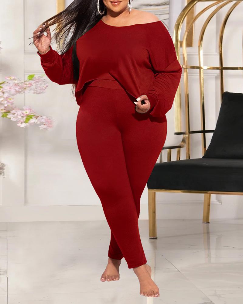 

Plus Size Long Sleeve Asymmetrical Hem Top & Pants Set, Red