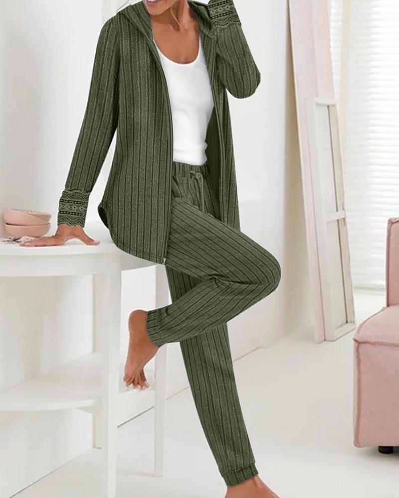 

Lace Patch Hooded Top & Drawstring Pants Set, Army green