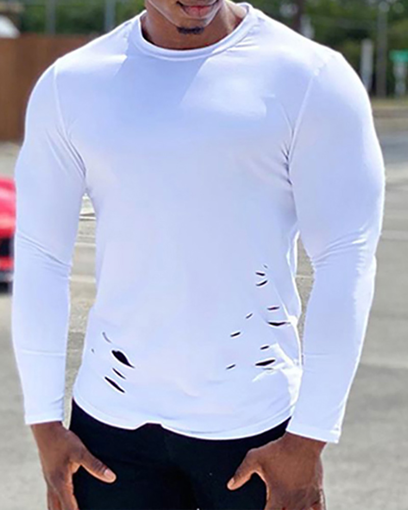 

Men Plain Cutout Long Sleeve Top, White
