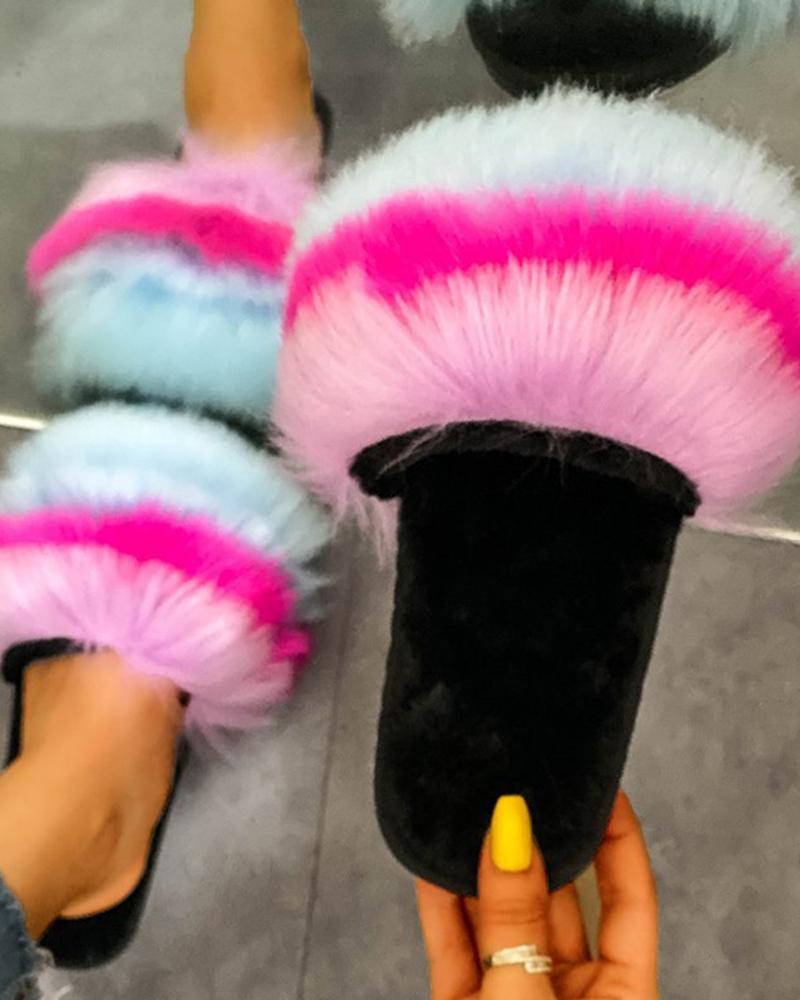 

Multicolor Fur Upper Flat Sndals, Hot pink