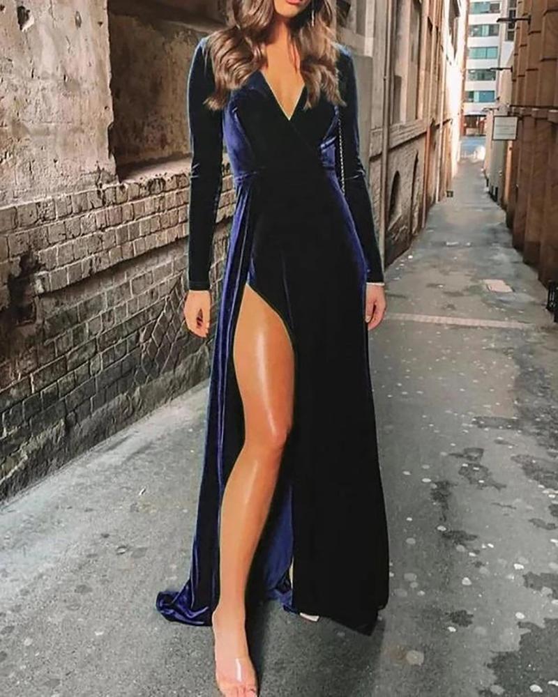 

Split Thigh V Neck Velvet Evening Dress, Purplish blue