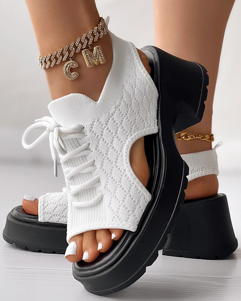 

Lace-up Hollow Out Platform Wedge Sandals, Blackwhite