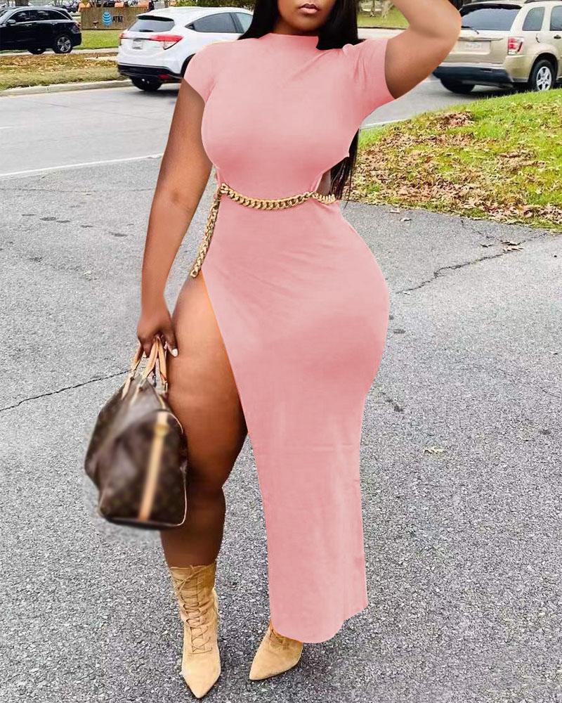 

Chain Decor Cutout High Slit Dress, Pink