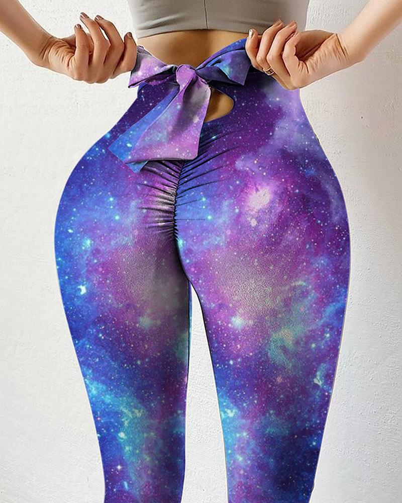 

Starry Sky Print Bowknot Scrunch Butt Lifting Yoga Pants, Style1