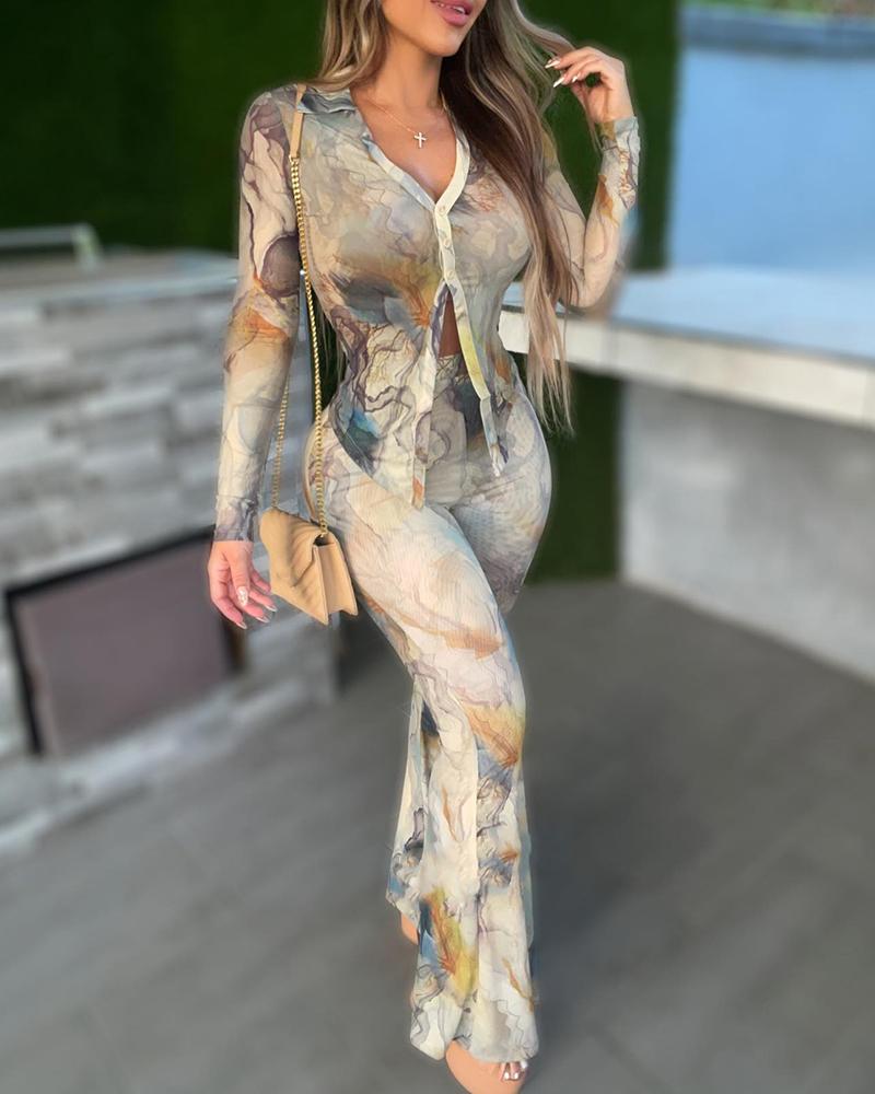 

Marble Print Long Sleeve Top & Flared Pants Set, Multicolor
