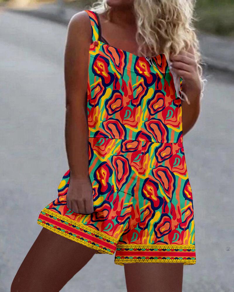 Multi-Color Abstract Print Casual Suspender Romper