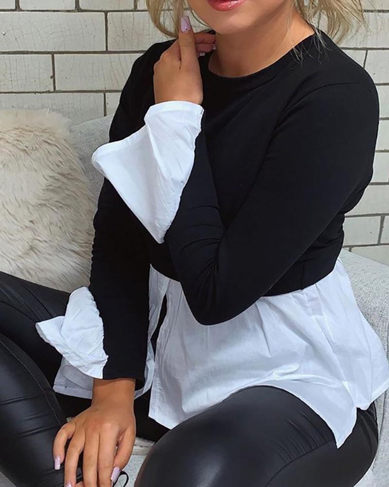 

Round Neck Bell Cuff Colorblock Insert Slit Blouse, Black