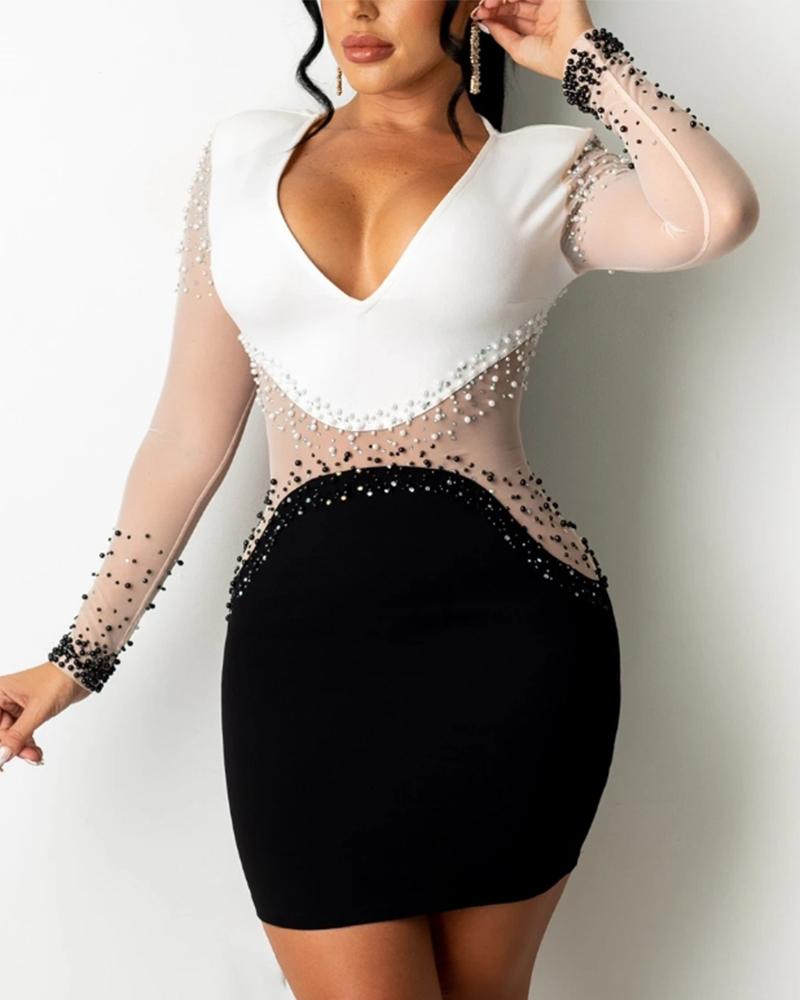 

Rhinestone Pearls Decor Contrast Mesh Bodycon Dress, Style1