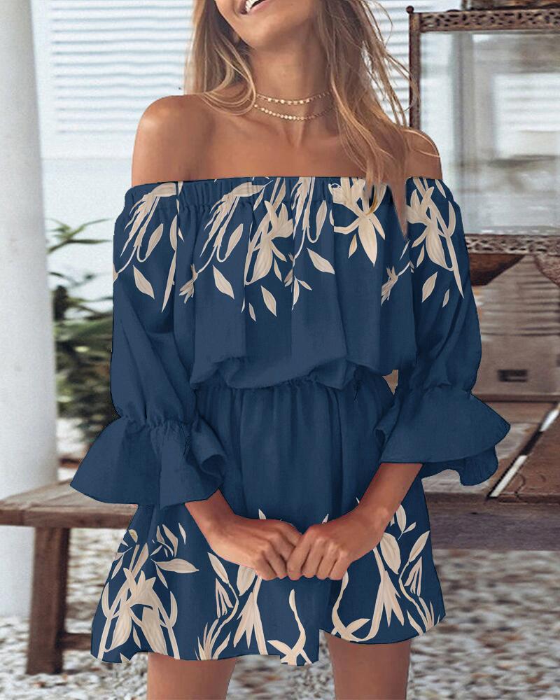 

Plants Print Off Shoulder Bell Sleeve Casual Dress, Blue