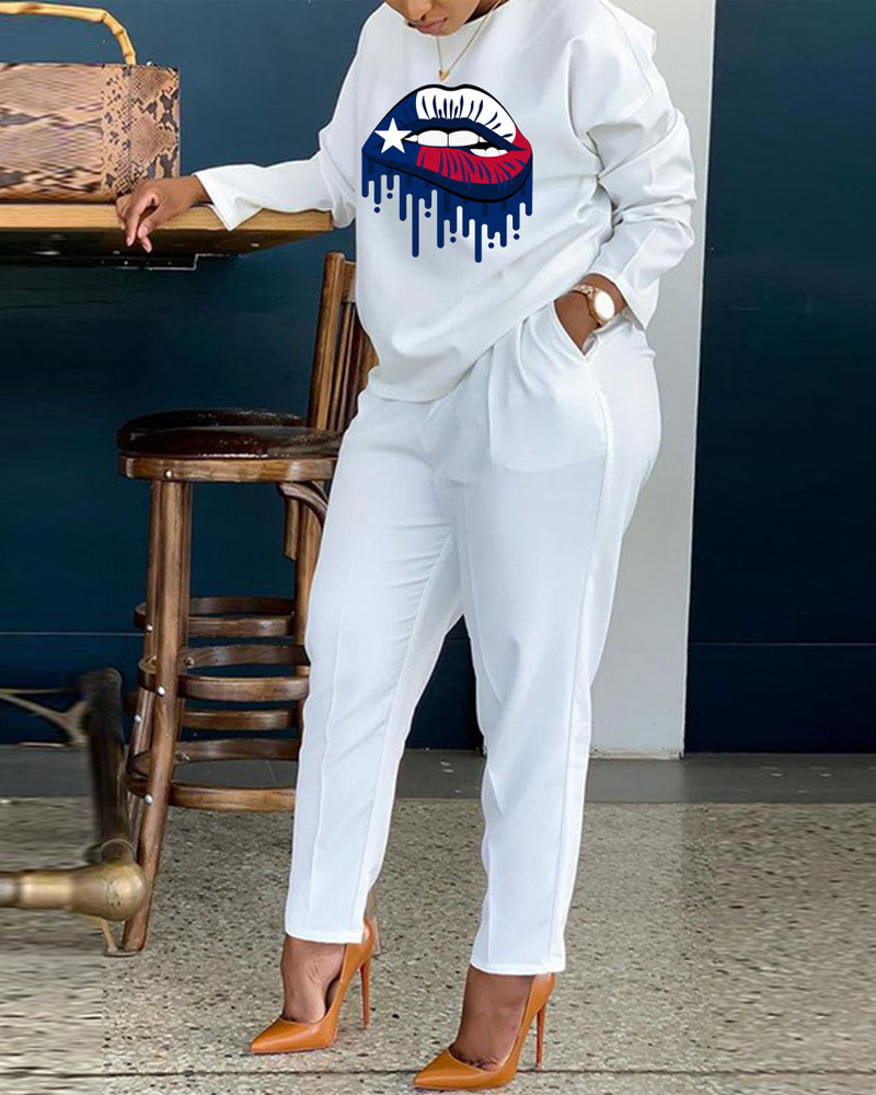 

Lip Print Long Sleeve Casual Top & Pants Set, White
