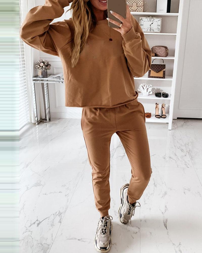 

Solid Long Sleeve Top & Pocket Design Pants Set, Khaki