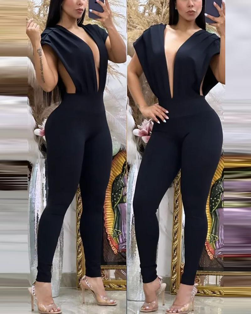 

Ruched Detail Plunging Neck Jumpsuit, Black