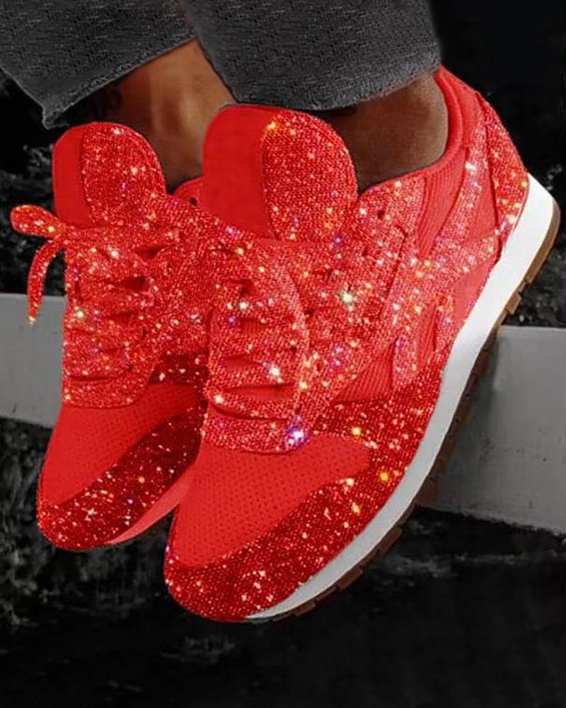 

Sequins Lace-up Muffin Sneakers, Red