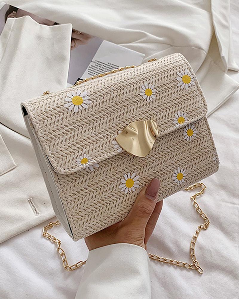 

Daisy Pattern Beach Crossbody Straw Bag, Beige