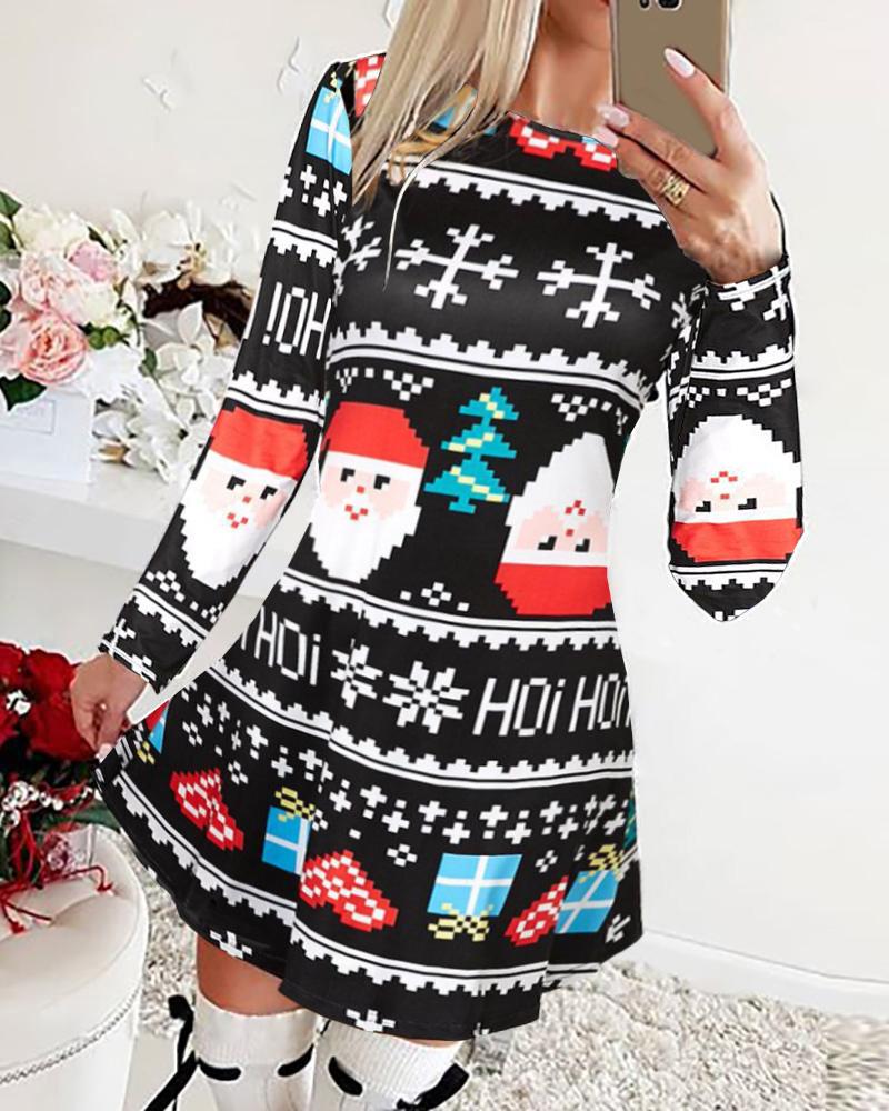 

Christmas Print Long Sleeve Casual Dress, Black