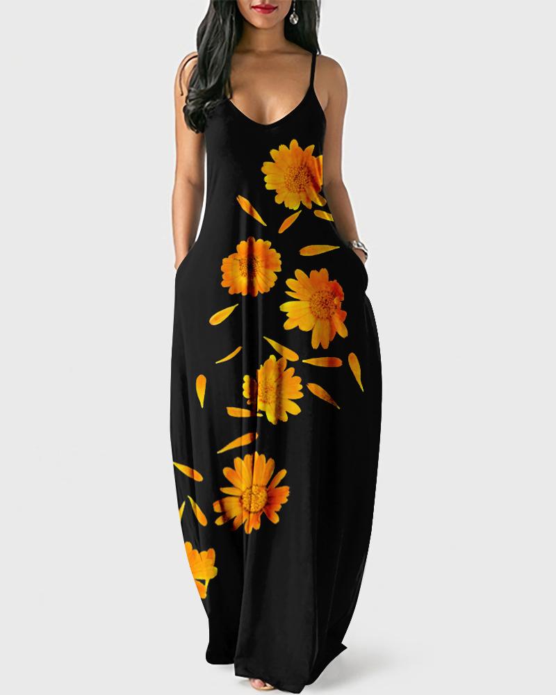 

Plus Size Floral Print Spaghetti Strap Maxi Dress, Black