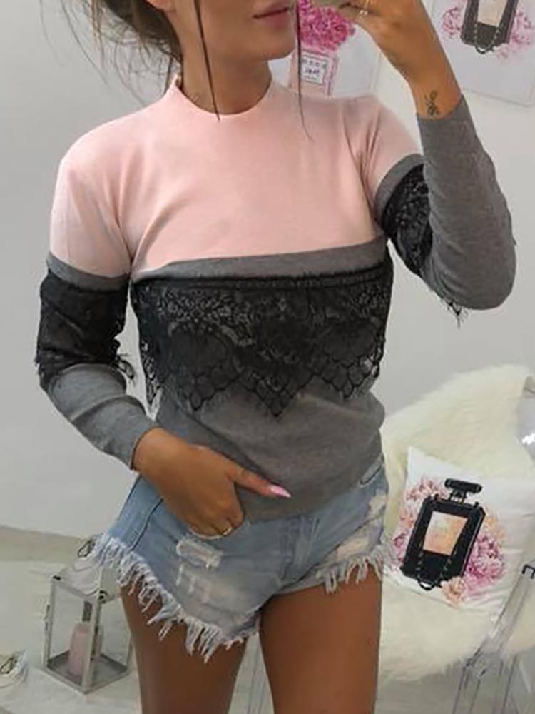 

Contrast Color Eyelash Lace Insert Sweatshirt, Pink