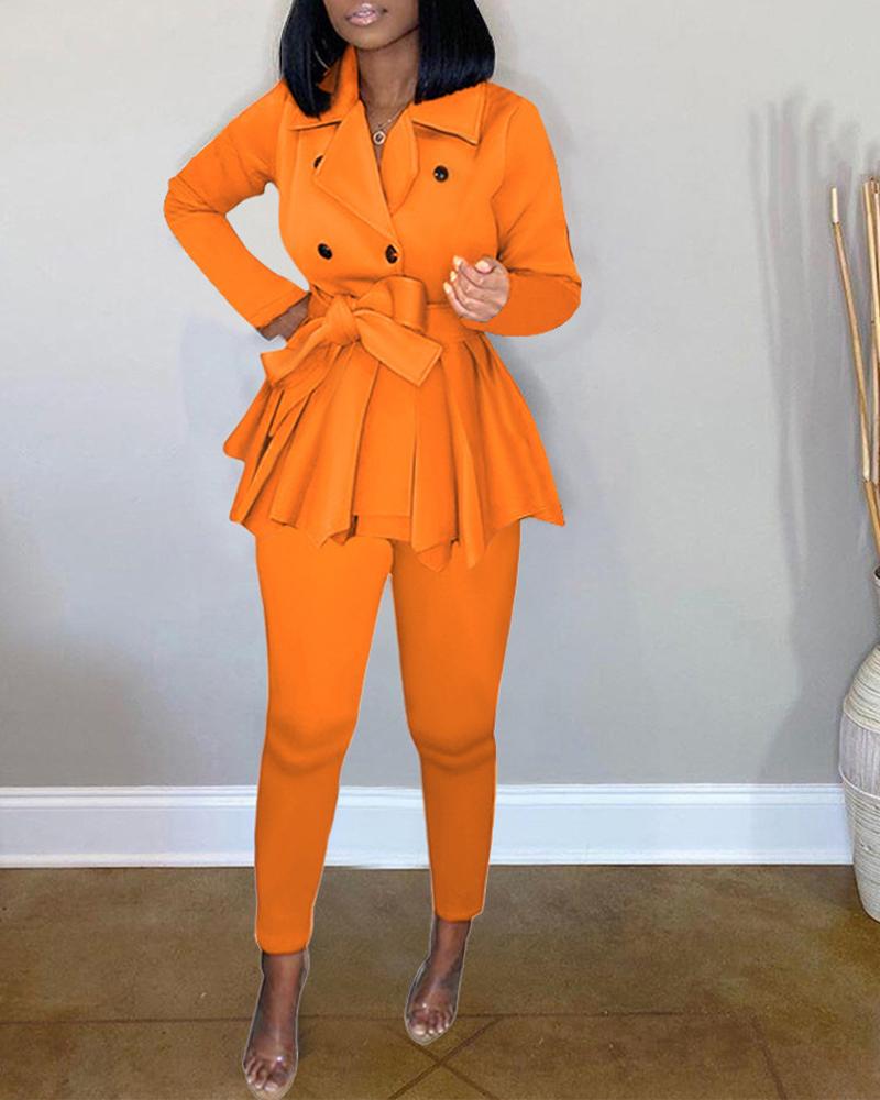 

Long Sleeve Double Breasted Belted Coat & Pants Set, Orange