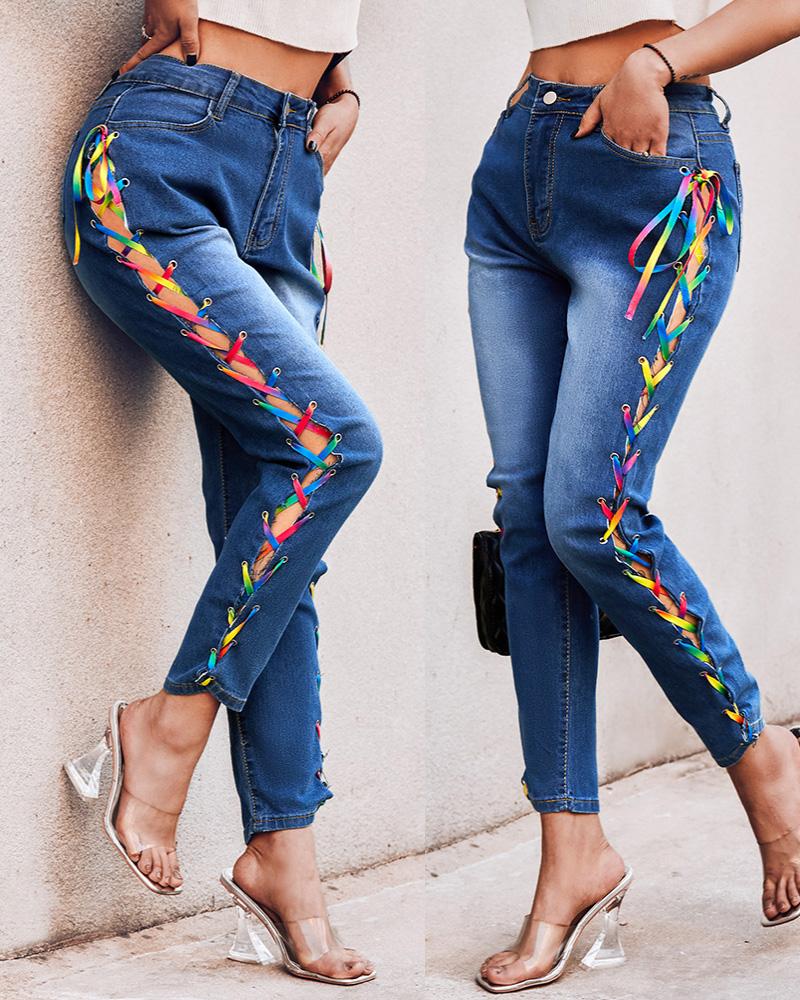 

Zipper Fly Grommet Eyelet Lace-up Skinny Jeans, Blue