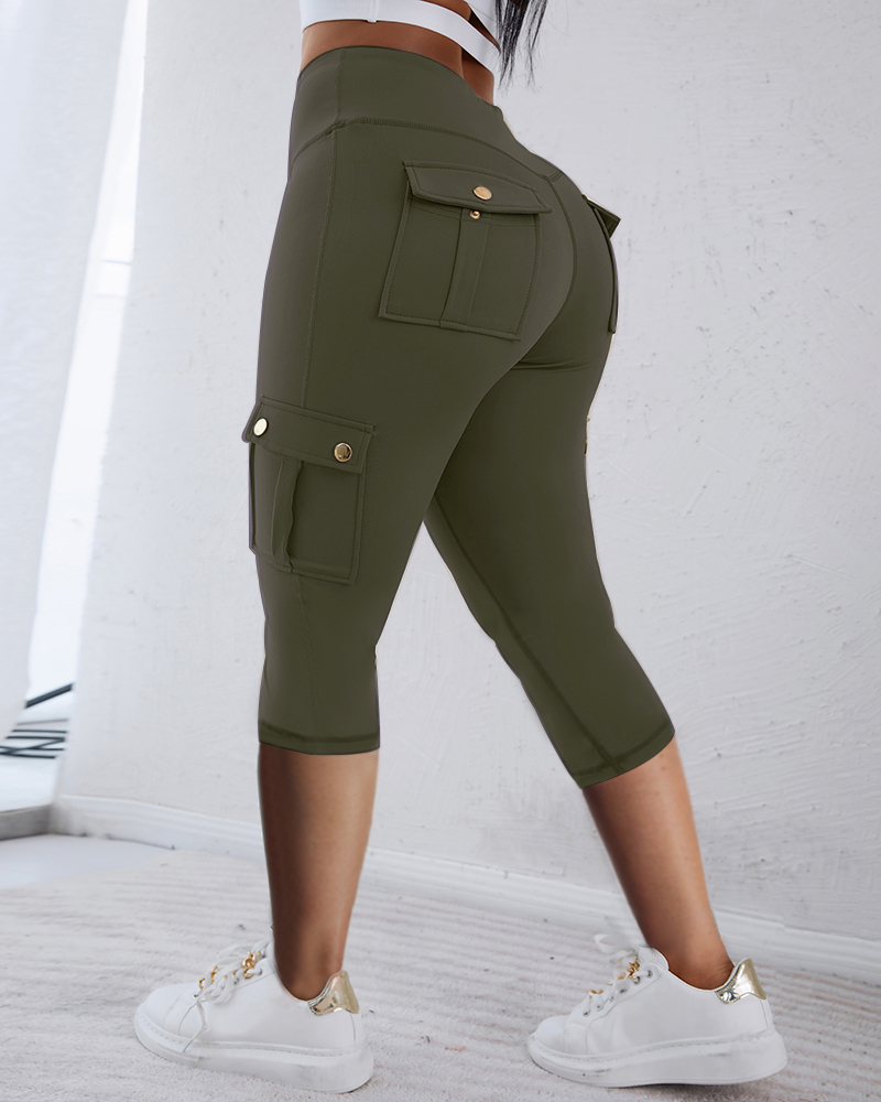 

Pocket Design High Waist Sports Active Pants, Army green