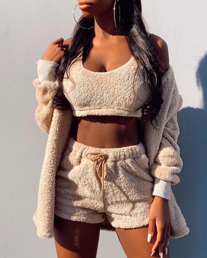 

Fluffy Crop Top & Drawstring Shorts Set, Apricot