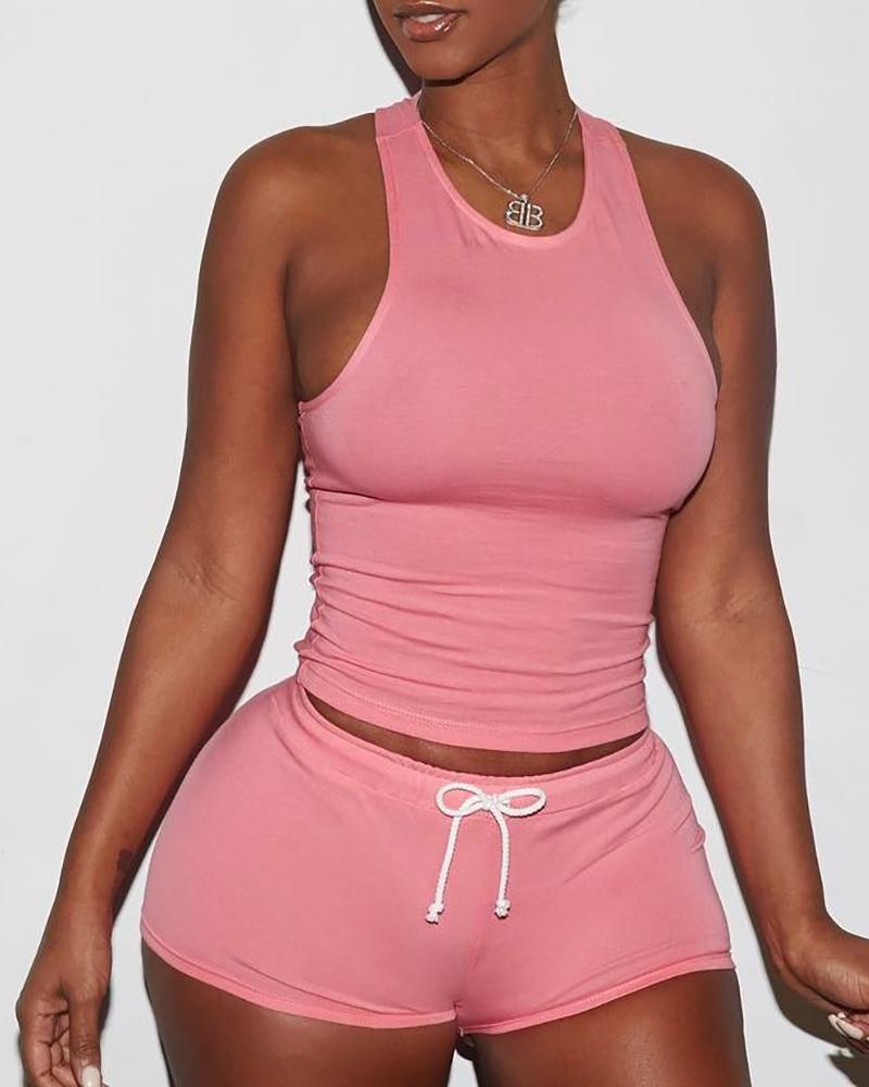 

O-neck Racer Back Top & Drawstring Shorts Set, Pink