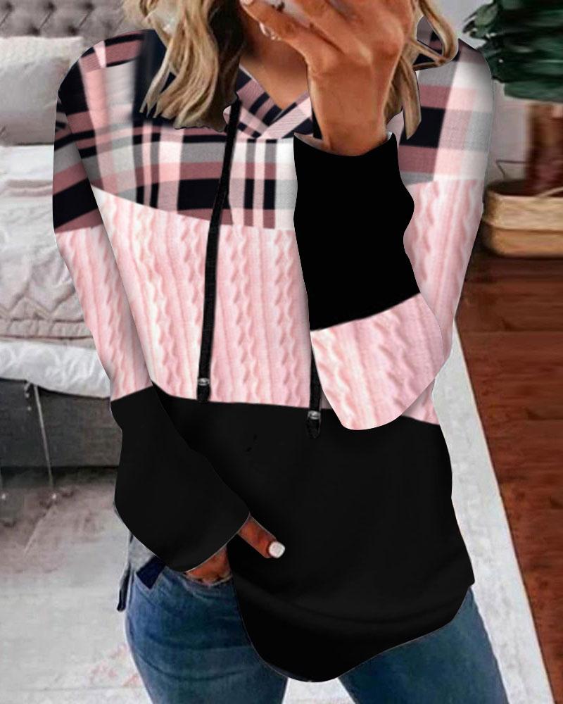 

Contrast Plaid Colorblock Long Sleeve Hoodie, Pink