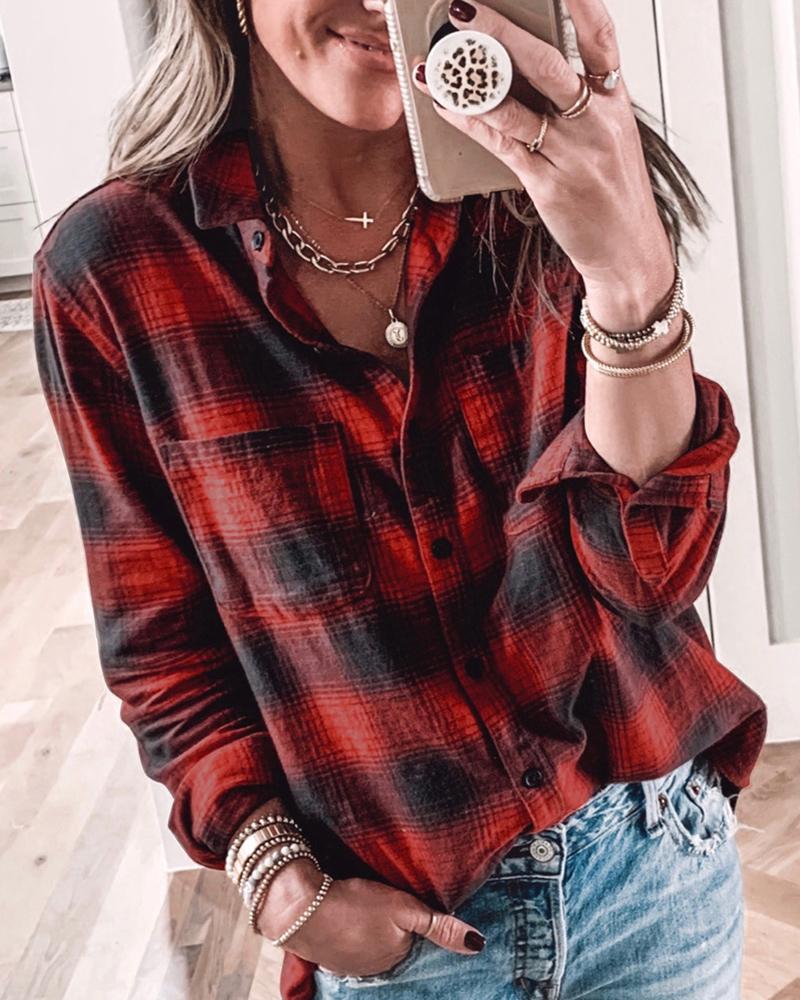 

Buttoned Plaid Pocket Design Shirt, Red
