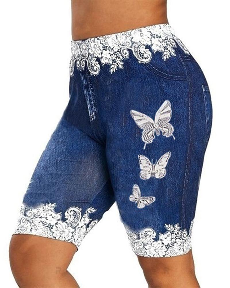 

Plus Size Floral Butterfly Faux Denim Printed High Waist Shorts, Blue