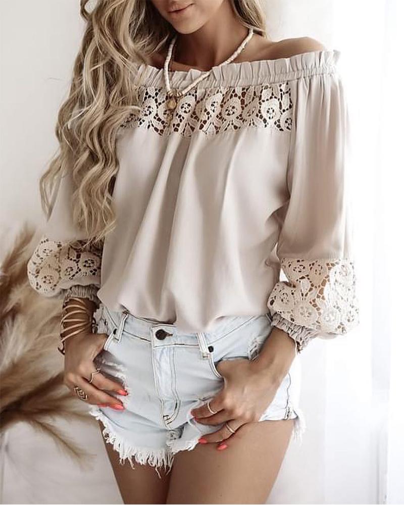 

Off Shoulder Frill Hem Lace Patch Lantern Sleeve Top, Apricot
