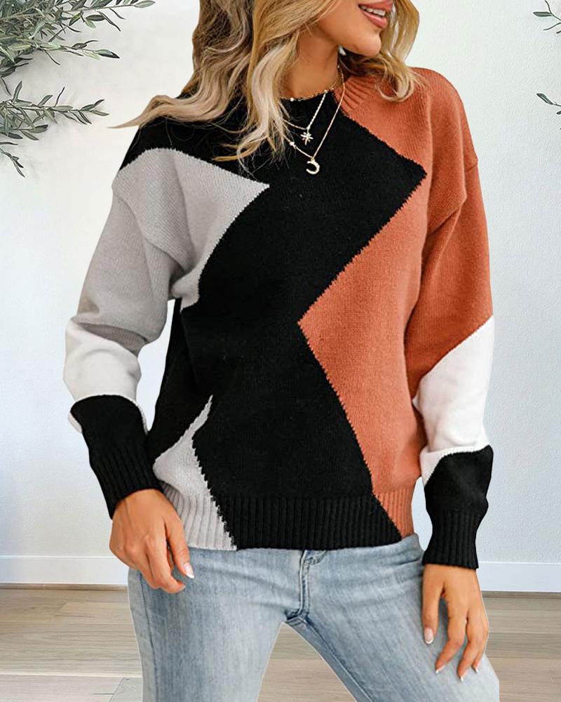 

Colorblock Long Sleeve Casual Sweater, Orange