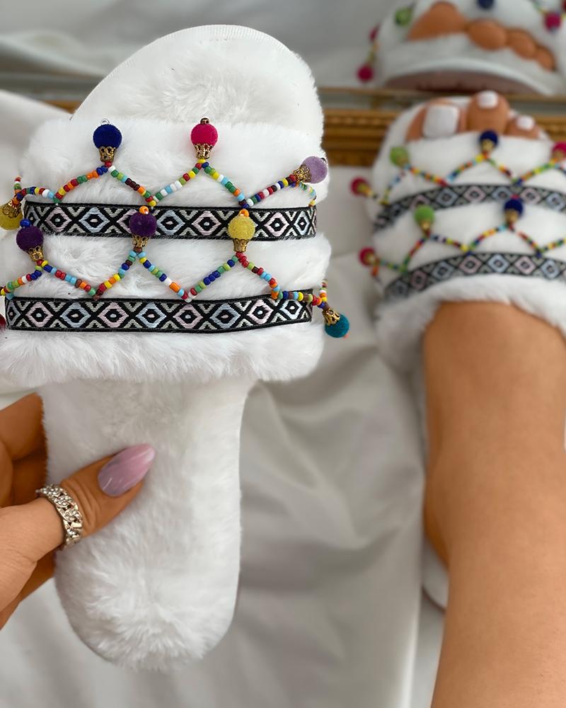 

Colorful Beaded Decor Embroidery Fluffy Slippers, White