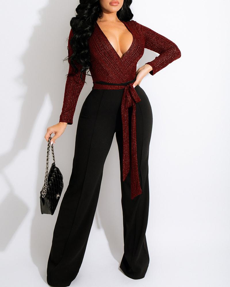 

V-Neck Tied Detail Wide Leg Jumpsuit, Red