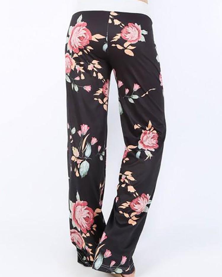 

Fashion Floral Print Shirring Waist Flared Pants, Black