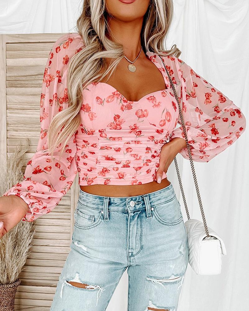 

Lantern Sleeve Floral Print Ruched Top, Pink