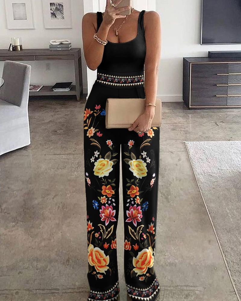 

Plain U-neck Top & Floral Print Pants High Waist Pants Sets, Black