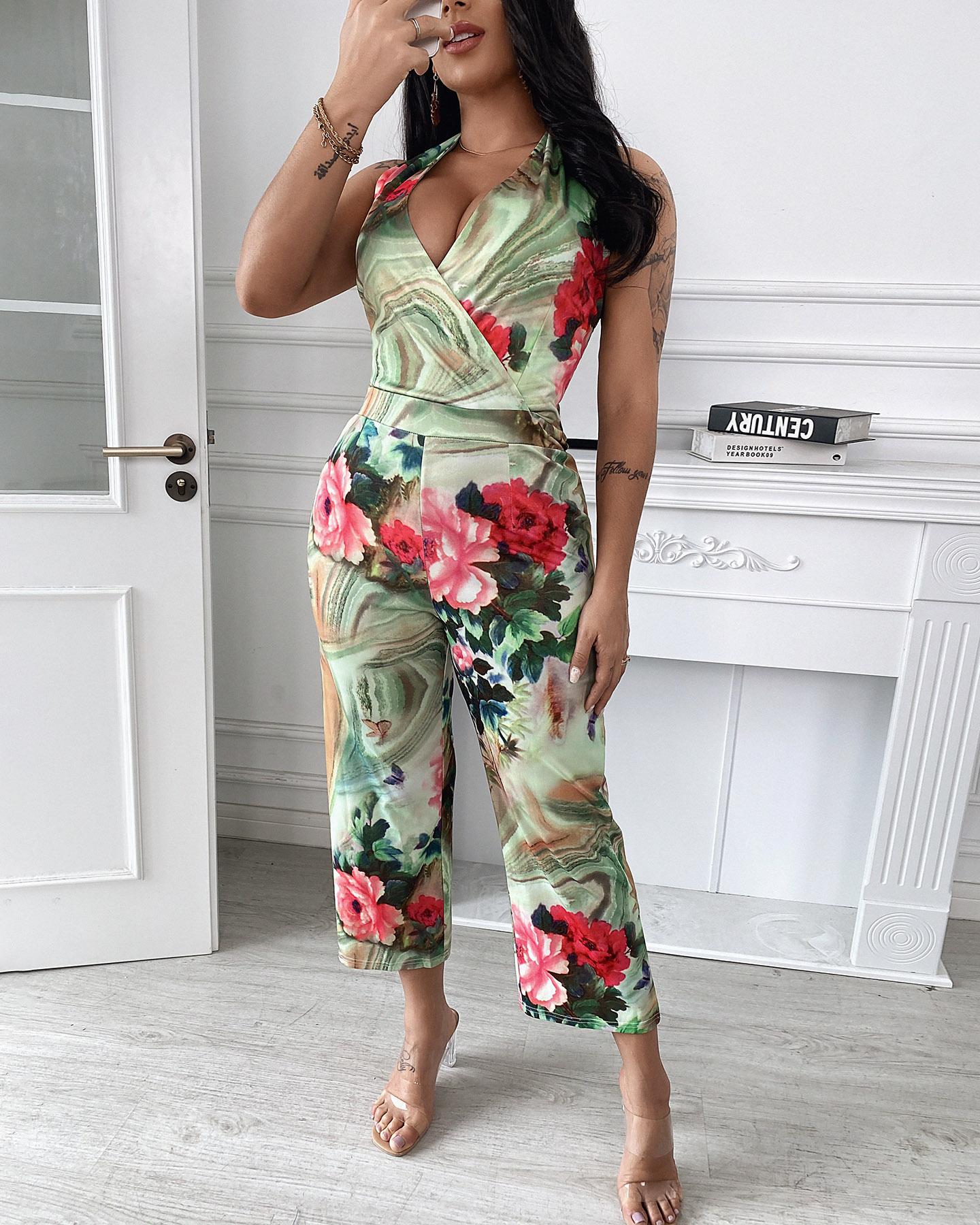

Floral Print Halter Sleeveless Lace Up Backless Jumpsuit, Multicolor