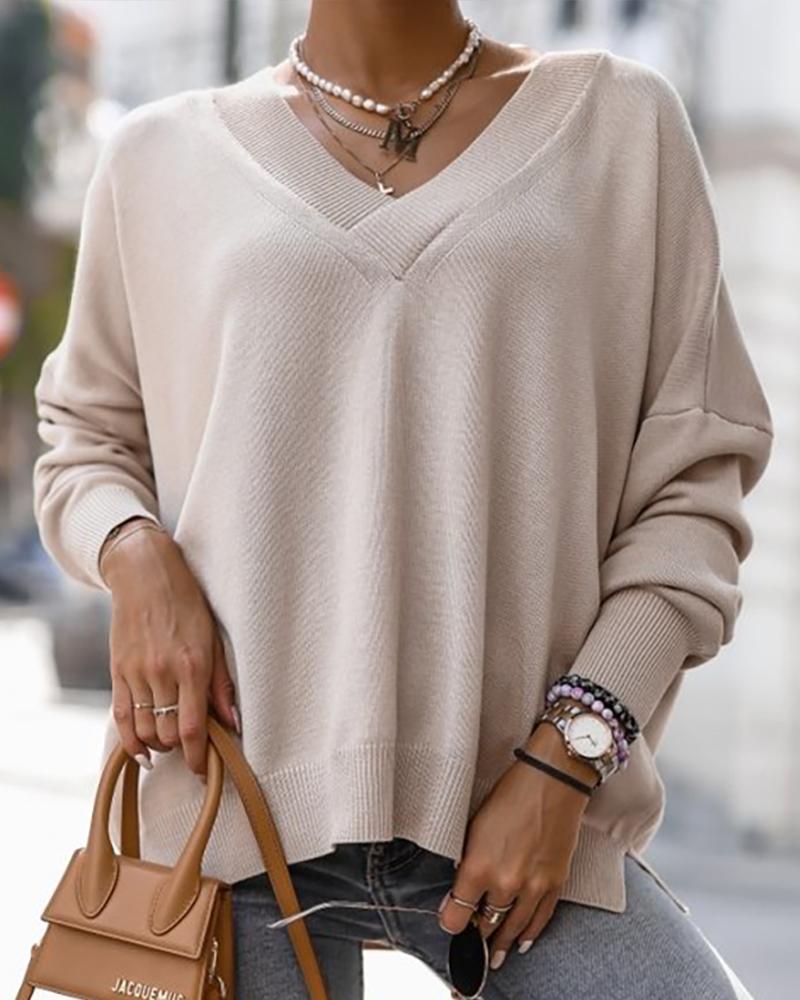 

Long Sleeve V-Neck Knit Sweater, Apricot