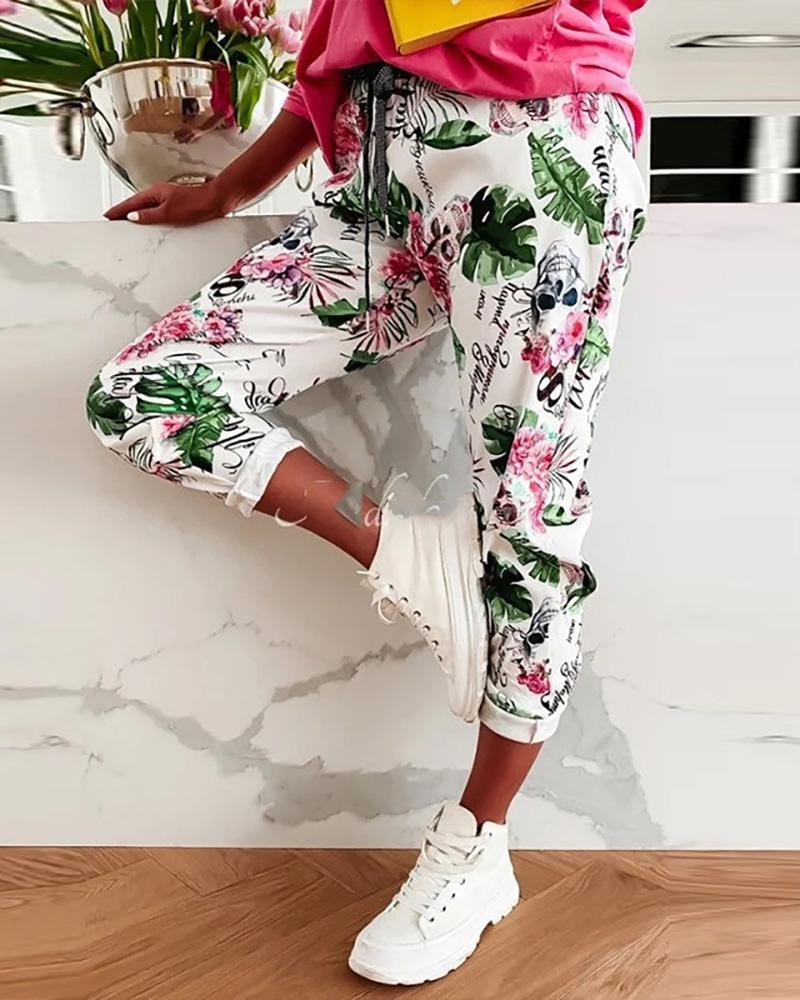 

Tropical Print Drawstring Pocket Design Sweatpants, Red