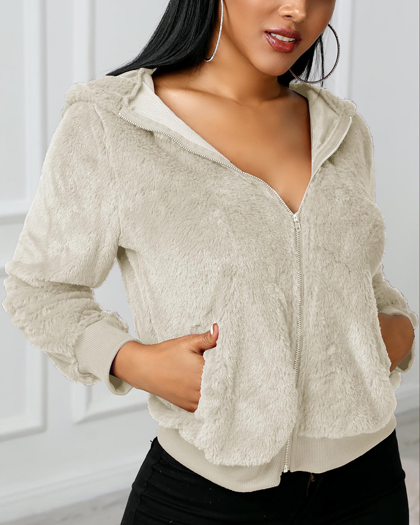 

Long Sleeve Zip Front Fur Faux Fur Hooded Coat, White