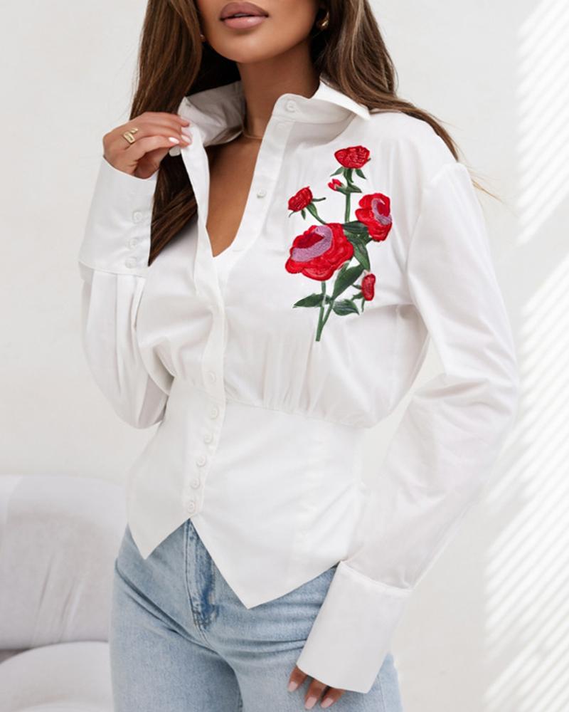 

Embroidery Floral Pattern Button Down Asymmetrical Hem Shirt Top, White