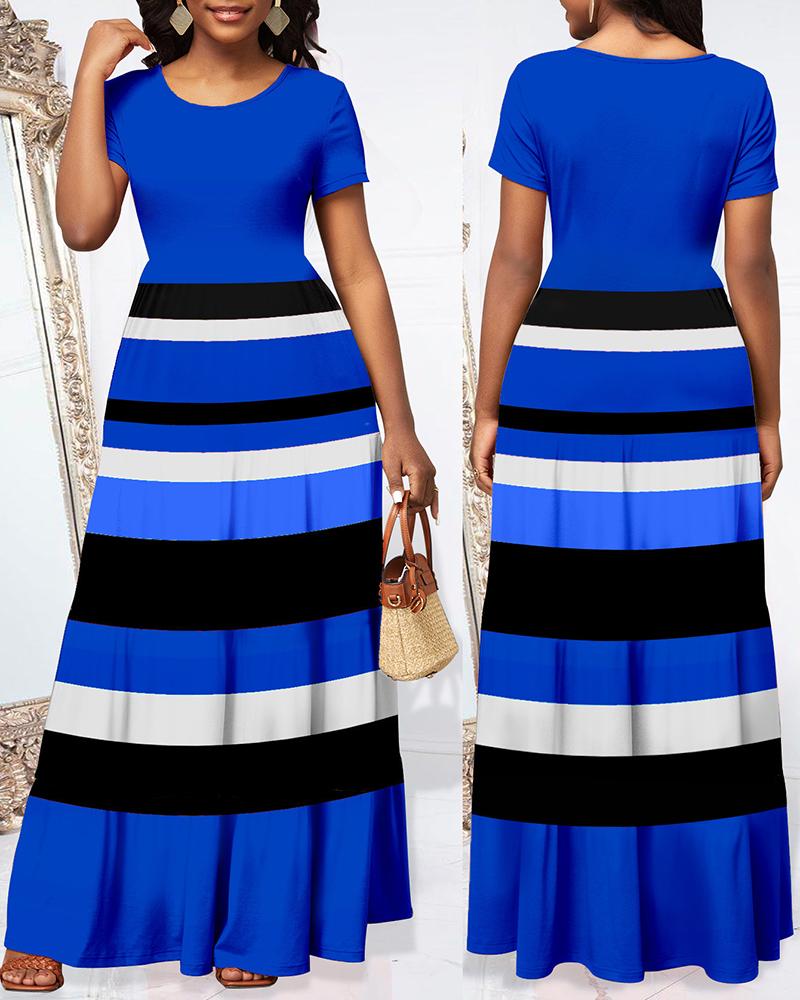 

Striped Ruched Short Sleeve Maxi Dress, Blue