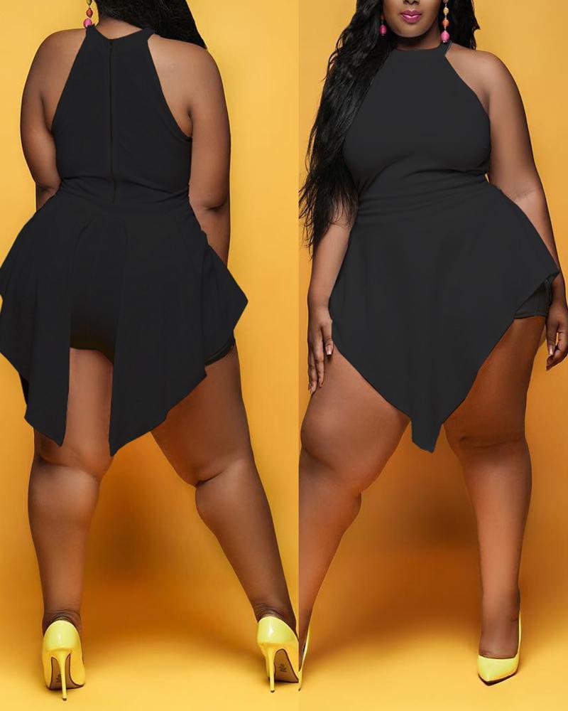 

Plus Size Irregular Trim Zip Back Fake Two-piece Romper, Black