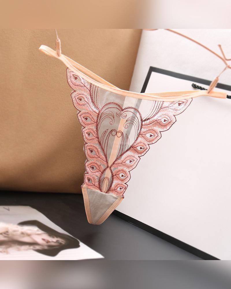 

Sexy See-through Splicing Feather Embroidery Skinny Thong Panties, Apricot