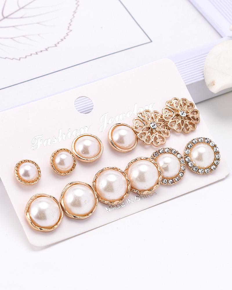 

6Pair Pearls Rhinestone Decor Snowflake Shaped Earrings Set, Gold