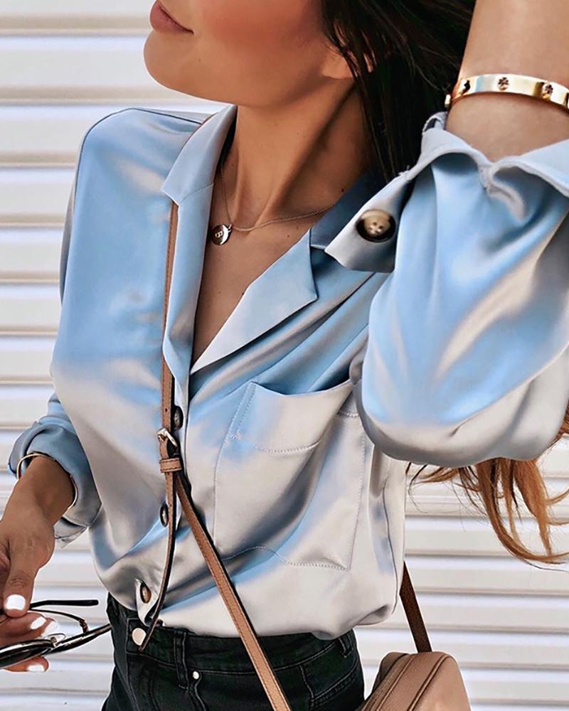 

Turn Down Collar Solid Long Sleeve Shirts, Silver