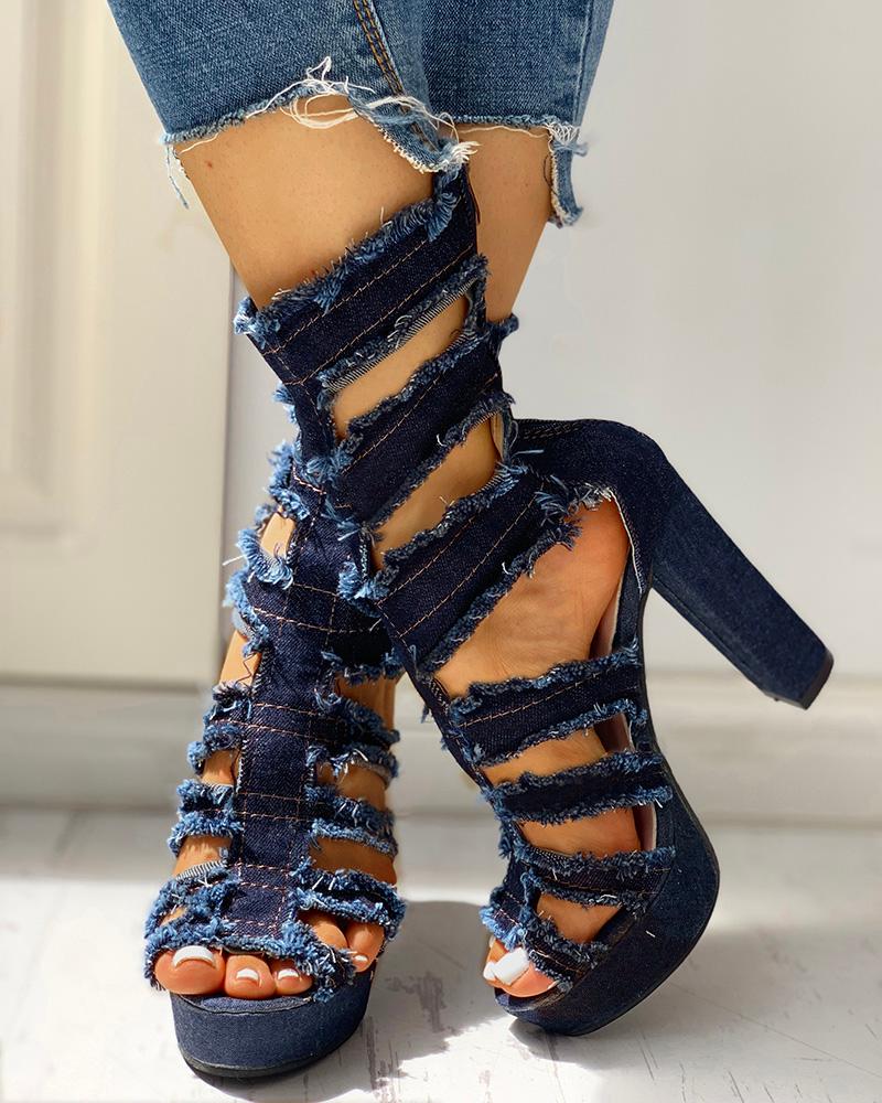 

Ladder Cut Out Platform Chunky Heeled Sandals, Dark blue