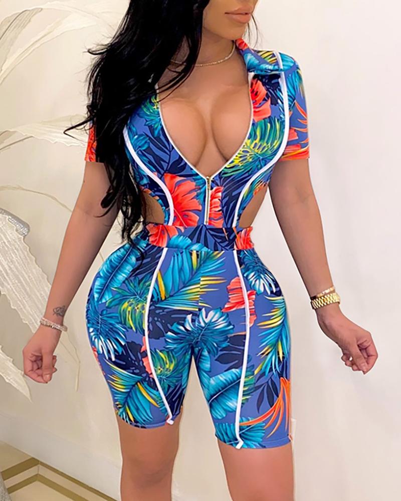 

Tropical Print Cutout Zipper Design Fitted Romper, Blue