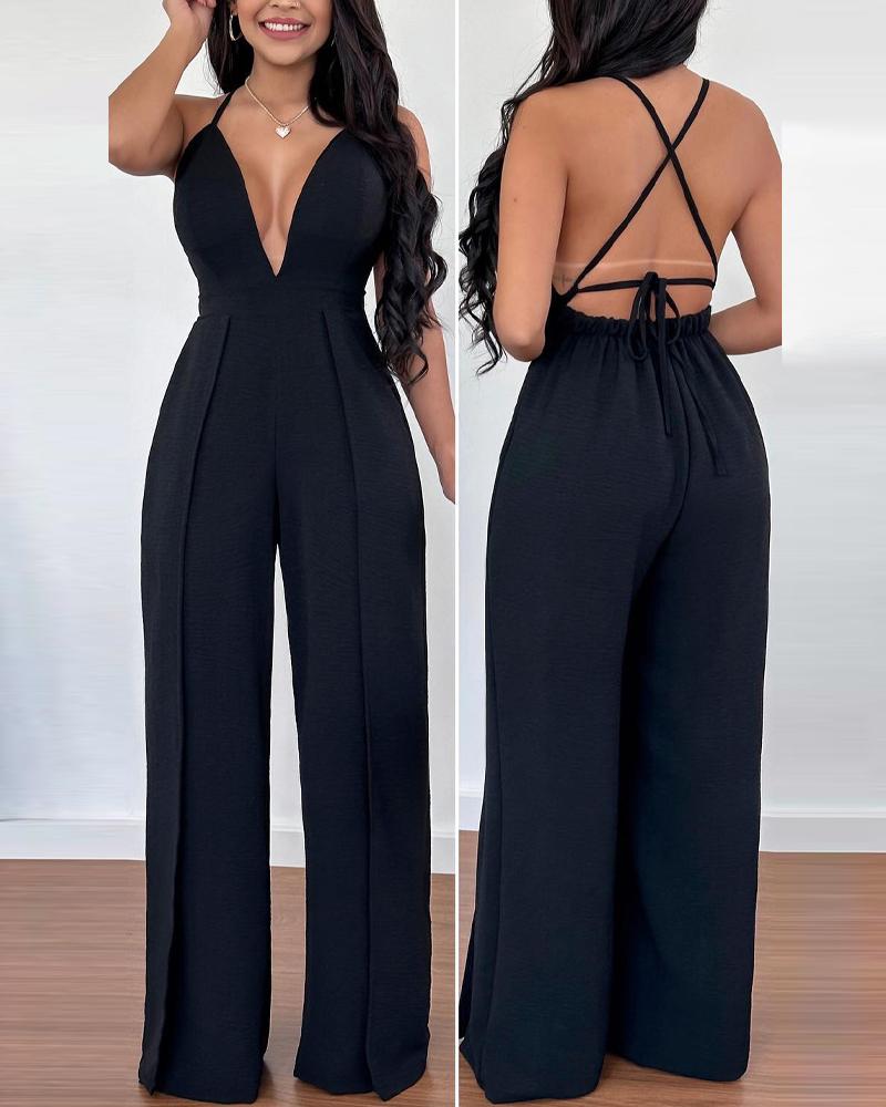 

Crisscross Backless Plunging Neck Jumpsuit, Black